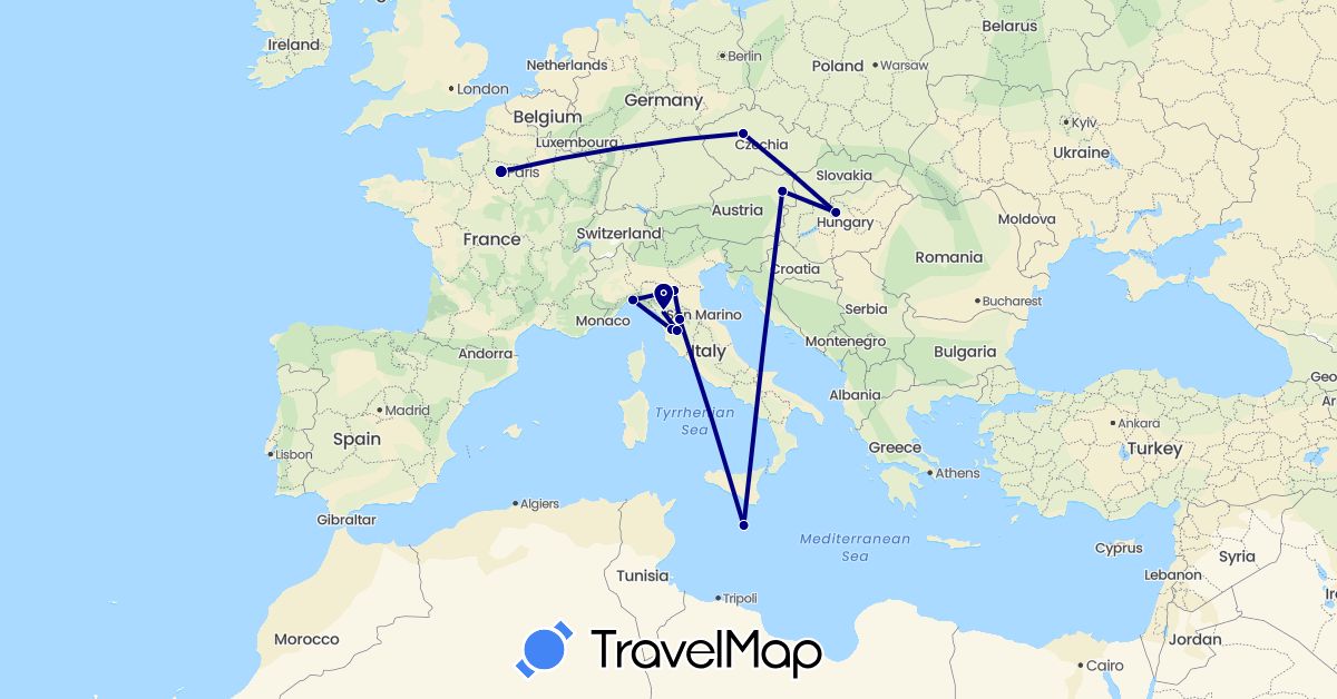 TravelMap itinerary: driving in Austria, Czech Republic, France, Hungary, Italy, Malta (Europe)